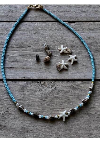 Deniz Yıldızı, Midye Kabuk Charm'lı Yaz Sıcağı Mavi Kumboncuk Kadın Kolye fırsatları