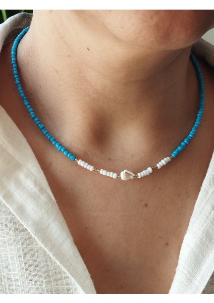 Midye Kabuk Charm'lı Yaz Sıcağı Mavi Kumboncuk Kadın Kolye modelleri
