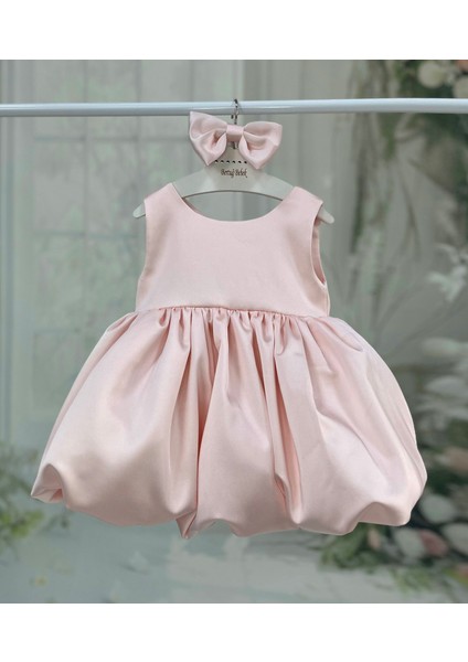 Balon Etek Kız Çocuk Bebek Abiye Saten Pembe Pamuk Astar Elbise