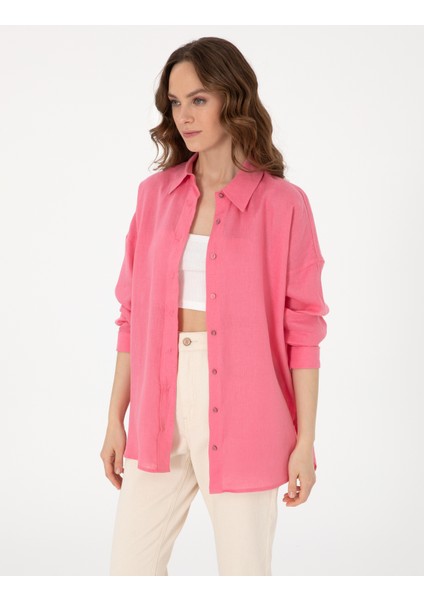 Kadın Pembe Oversize Uzun Kollu Keten Gömlek 50301078-VR041