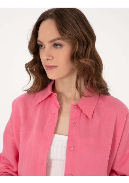Kadın Pembe Oversize Uzun Kollu Keten Gömlek 50301078-VR041 fiyatları