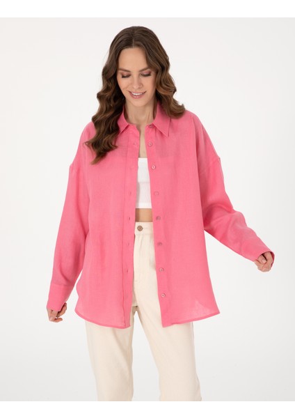 Kadın Pembe Oversize Uzun Kollu Keten Gömlek 50301078-VR041 modelleri