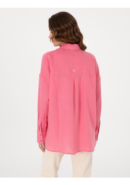 Kadın Pembe Oversize Uzun Kollu Keten Gömlek 50301078-VR041 fırsatları