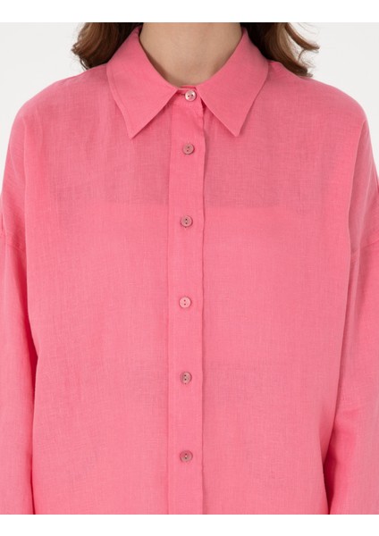 Kadın Pembe Oversize Uzun Kollu Keten Gömlek 50301078-VR041 indirimleri