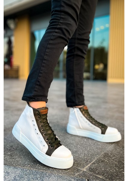 Fermuarlı Bağcık Detaylı Erkek Sneaker Bot Beyaz Haki