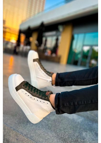Fermuarlı Bağcık Detaylı Erkek Sneaker Bot Beyaz Haki