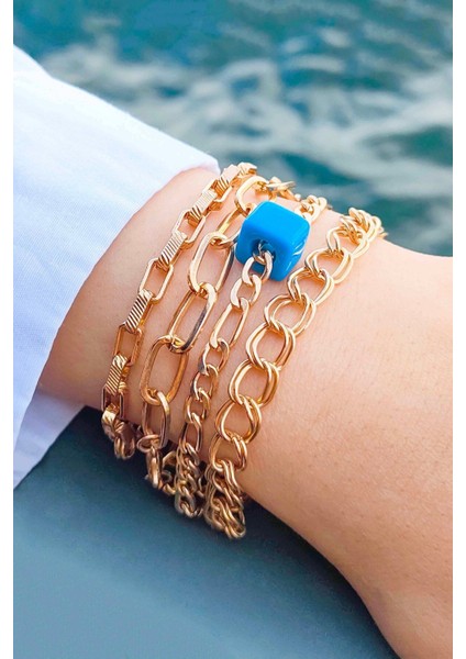 Kadın Altın Kaplama Gold 4 Lü Bileklik Seti Klasik Minimal Kadın Set