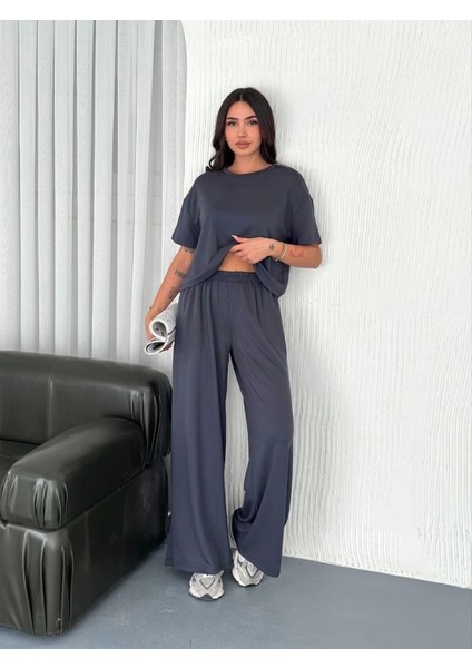 Osy Modal Yumuşak Dokulu Kumaş Bisiklet Yaka T-Shirt Bol Paça Pantalon Ikili Takım -Antrasit
