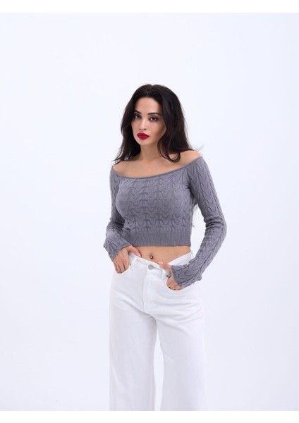 42241 Triko Kayık Yaka Crop-Gri