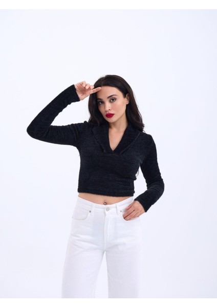 42531 Triko Simli Yakalı Crop-Siyah