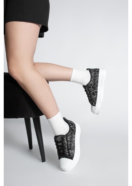 Kadın Sneaker Nakışlı Bağcıklı Keten Spor Ayakkabı Magis