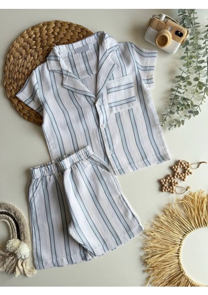 Yeni Sezon Erkek Çocuk Çizgili Pamuklu Gömlek ve Şortlu Alt-Üst Takım modelleri
