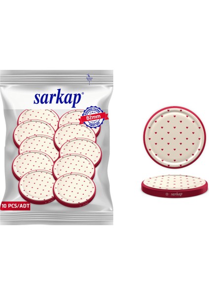 Hijyenik Paketli 10 Adet Kavanoz Kapağı – Kırmızı Kalp Krem – 82 mm