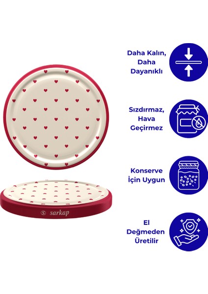 Hijyenik Paketli 10 Adet Kavanoz Kapağı – Kırmızı Kalp Krem – 82 mm