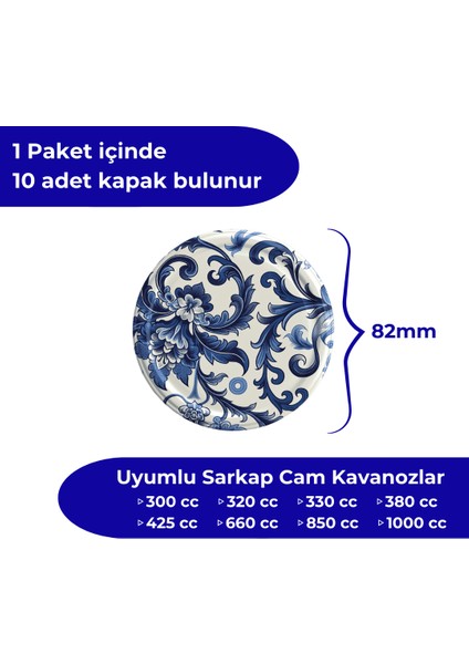Hijyenik Paketli 10 Adet Kavanoz Kapağı – Çini Çiçek Model – 82 mm