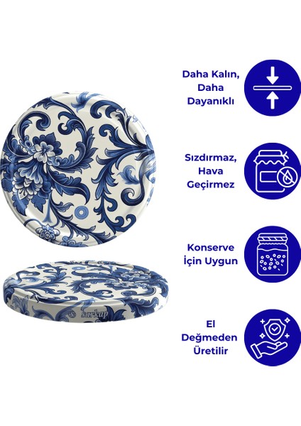 Hijyenik Paketli 10 Adet Kavanoz Kapağı – Çini Çiçek Model – 82 mm
