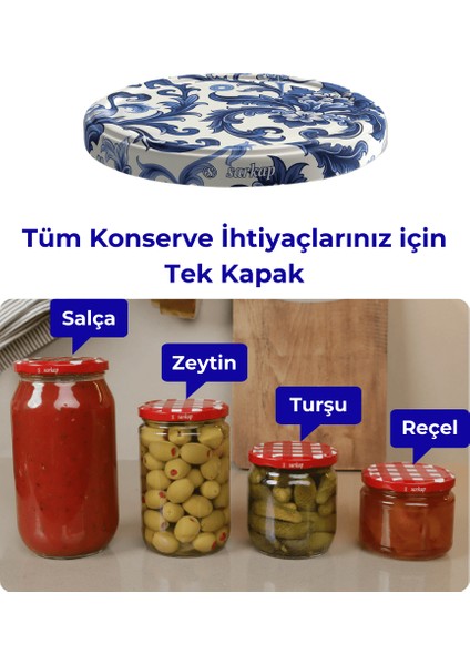 Hijyenik Paketli 10 Adet Kavanoz Kapağı – Çini Çiçek Model – 82 mm