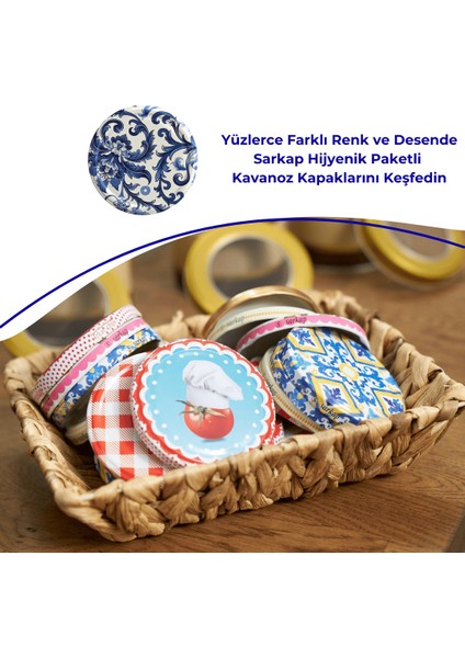 Hijyenik Paketli 10 Adet Kavanoz Kapağı – Çini Çiçek Model – 82 mm