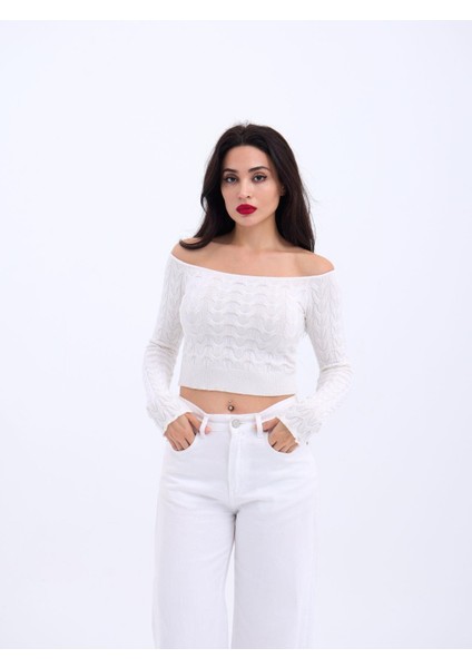 42241 Triko Kayık Yaka Crop-Ekru