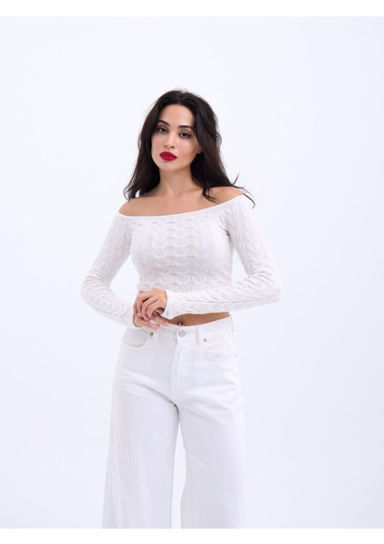 42241 Triko Kayık Yaka Crop-Ekru