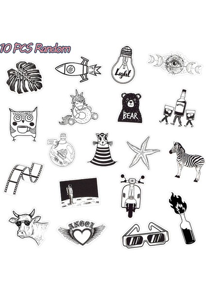 10 Adet Rastgele Bir Stil Siyah ve Beyaz Sticker Paketi Graffiti Karikatür Su Geçirmez Sticker Çocuklar Için Laptop Kaykay Kask Gitar Bisiklet Araba Vinil Etiketler (Yurt Dışından)