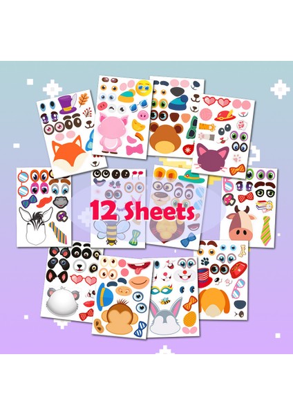 12 Adet Tarzı Kızlar Için Yapboz Çocuk Oyuncakları Eğitim Oyuncakları Tanıma Eğitimi Yapma Yüz Hayvan Sticker Bulmaca Oyunları (Yurt Dışından)