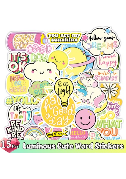 15 Sevimli Kelime Stili Yamıow Karanlıkta Parlayan Neon Işıklı Unicorn Sevimli Kedi Sticker'ı Yatak Odası Valiz Laptop Şişe Gitar Oyuncağa Yapışkanlık (Yurt Dışından)