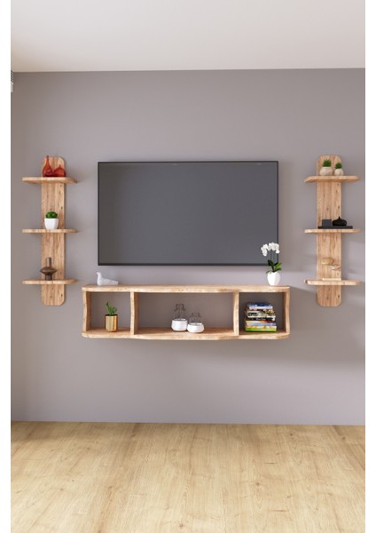 120 cm Ayaksız Duvara Monteli Tv Ünitesi ve 2 Adet 90 cm Uzunluk Duvar Rafı