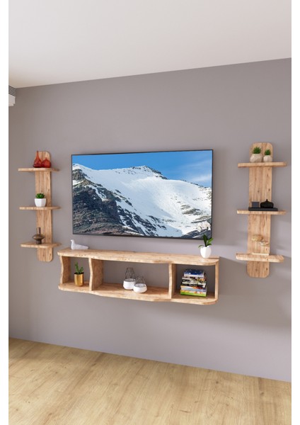 120 cm Ayaksız Duvara Monteli Tv Ünitesi ve 2 Adet 90 cm Uzunluk Duvar Rafı