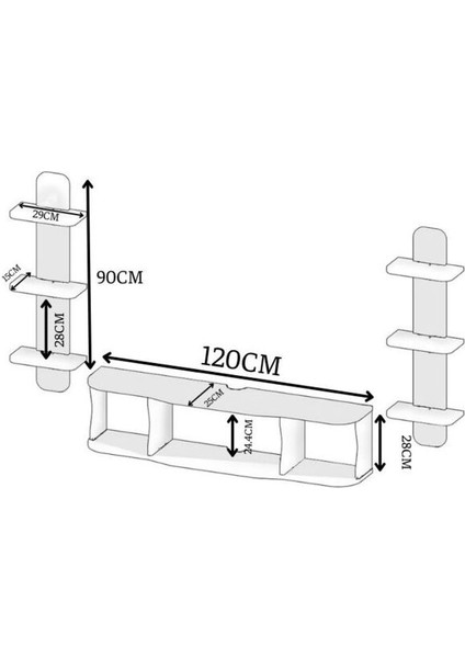 120 cm Ayaksız Duvara Monteli Tv Ünitesi ve 2 Adet 90 cm Uzunluk Duvar Rafı