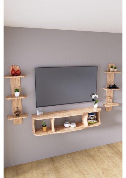120 cm Ayaksız Duvara Monteli Tv Ünitesi ve 2 Adet 90 cm Uzunluk Duvar Rafı