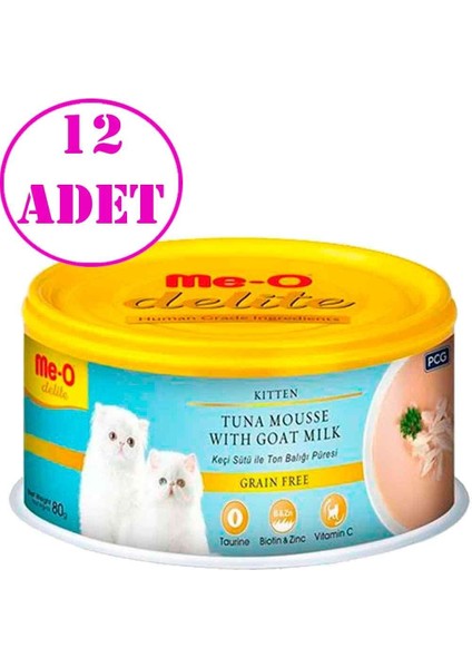 Meo Delite Keçi Sütlü Ton Balıklı Tahılsız Ezme Yavru Kedi Konservesi 80 gr 12 Ad