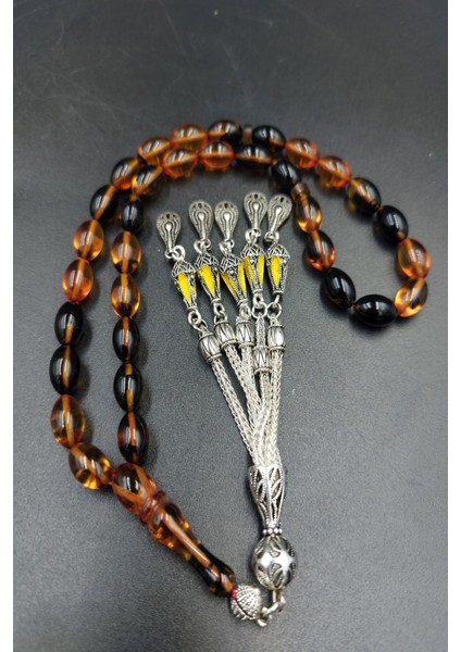 Arpa Kesim Sarı-Siyah Altılı Alpaka Püsküllü Tespih