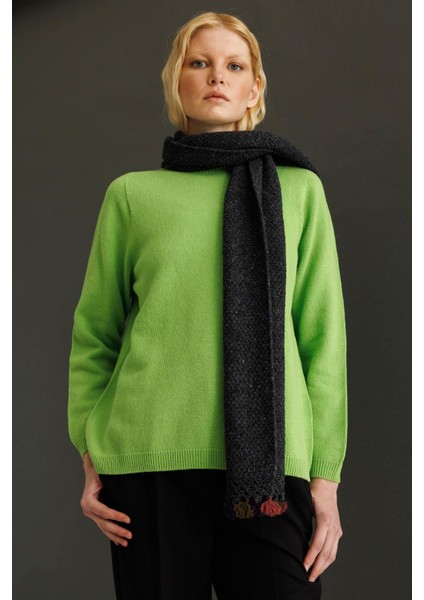 Kadın Kenarı Tığlamalı Püsküllü Yün Kaşkol K.füme fırsatları