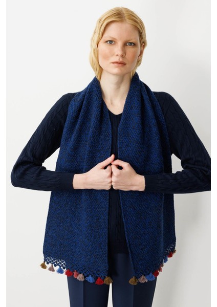 Kadın Kenarı Tığlamalı Püsküllü Yün Kaşkol P.mavi fiyatları