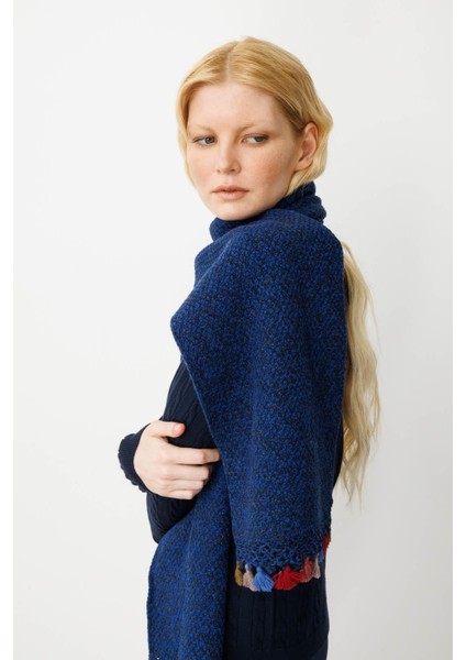 Kadın Kenarı Tığlamalı Püsküllü Yün Kaşkol P.mavi fırsatları