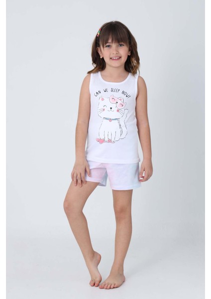 Kız Çocuk Pamuklu Sıfır Kollu Şortlu Takım