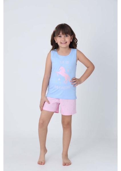 Kız Çocuk Pamuklu Sıfır Kollu Şortlu Takım