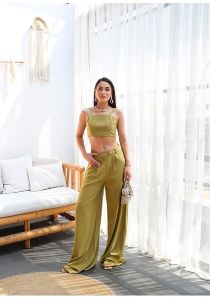 Kadın Keten Gipeli Crop ve Pantolon Ikili Takım indirimleri