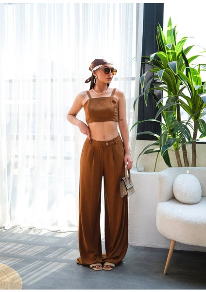 Kadın Keten Gipeli Crop ve Pantolon Ikili Takım