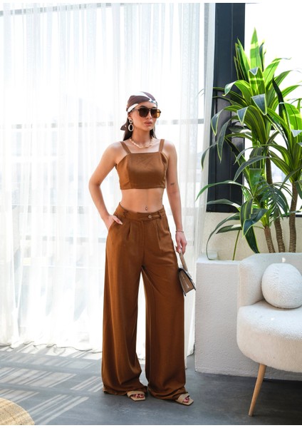 Kadın Keten Gipeli Crop ve Pantolon Ikili Takım indirimleri