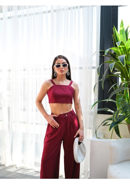 Kadın Keten Gipeli Crop ve Pantolon Ikili Takım fırsatları
