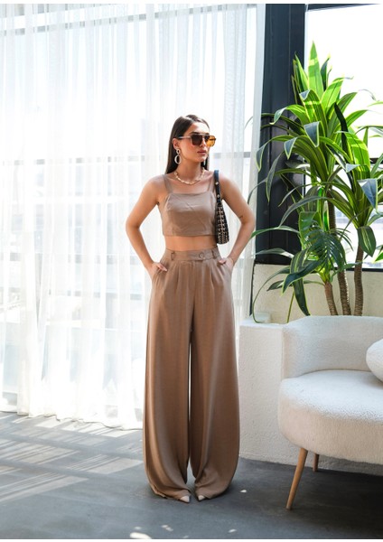 Kadın Keten Gipeli Crop ve Pantolon Ikili Takım