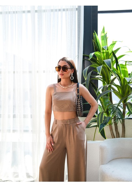 Kadın Keten Gipeli Crop ve Pantolon Ikili Takım fırsatları