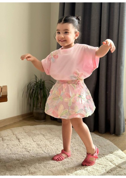 Yeni Sezon Kız Çocuk Pembe Çiçekli Balon Etekli Alt-Üst Ikili Takım fiyatları