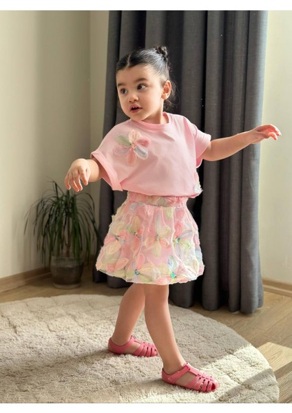 Yeni Sezon Kız Çocuk Pembe Çiçekli Balon Etekli Alt-Üst Ikili Takım modelleri