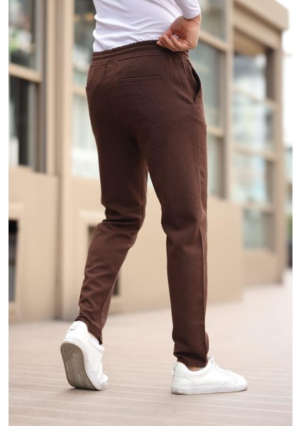 Düğmesiz Düz Kumaş Kahverengi Jogger Pantolon