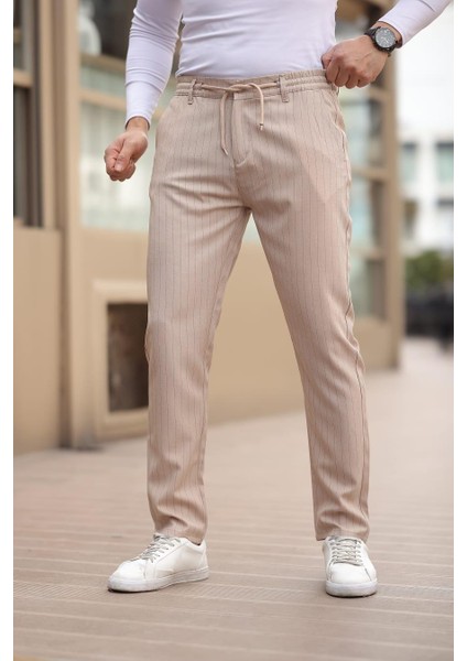 Çizgili Kumaş Bej Jogger Pantolon