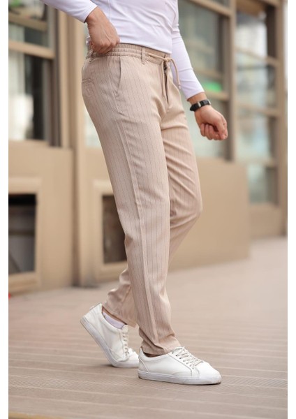 Çizgili Kumaş Bej Jogger Pantolon