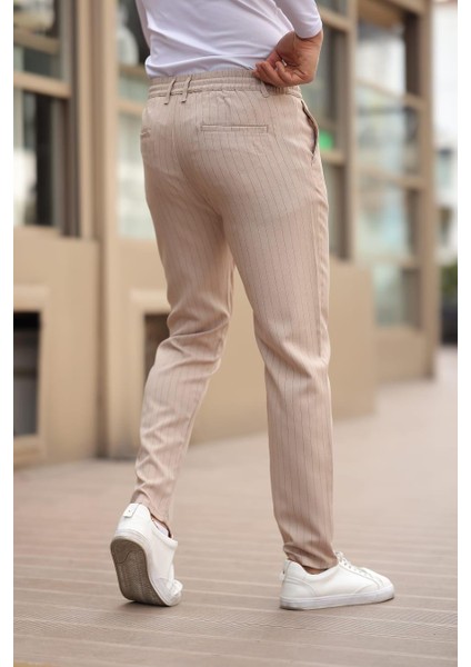 Çizgili Kumaş Bej Jogger Pantolon